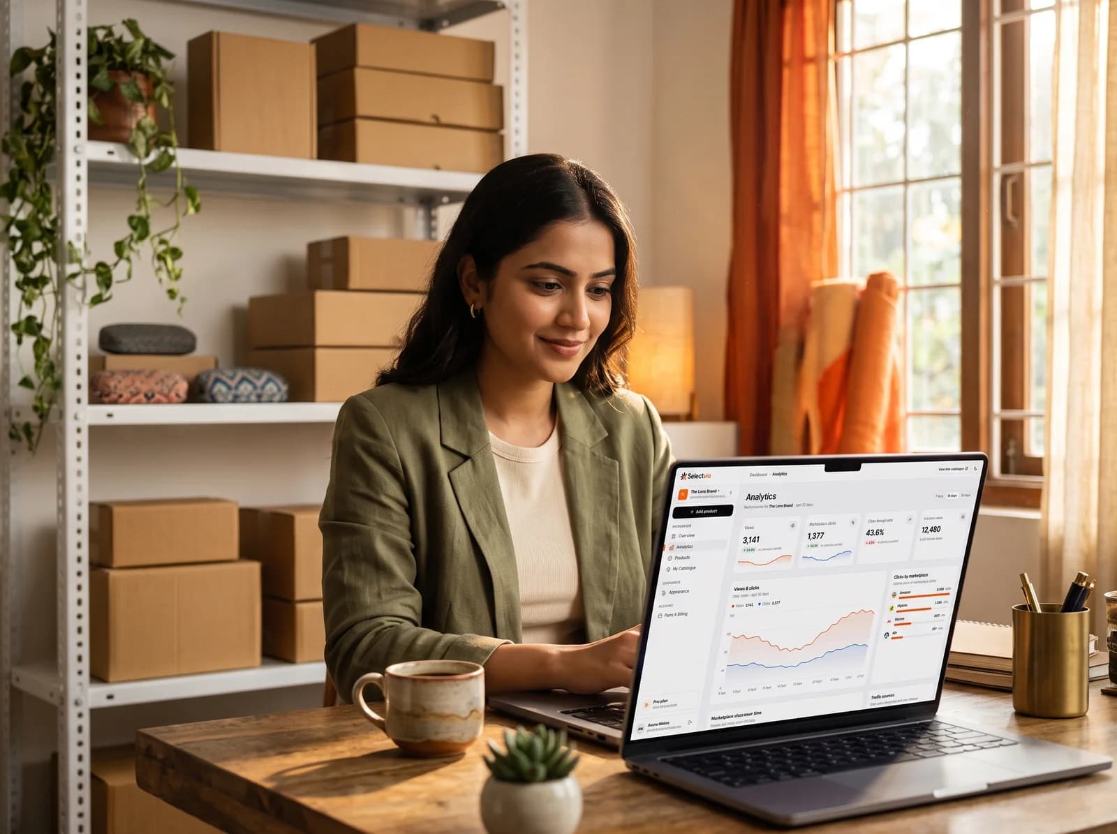 A brand founder reviewing her Selectvia analytics dashboard in her studio, surrounded by product boxes
